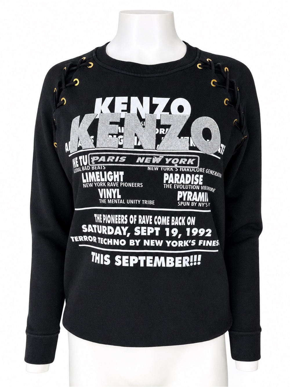 KENZO Paris Women’s XS Black Graphic Sweatshirt Lace-Up Shoulder Rave Pullover